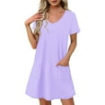 thumbnail image 1 of SAFUNY Women's V Neck Drapey Tunic Dress Short Sleeve Pullover Soft Breathable Casual Errands Work Dress Purple L, 1 of 7