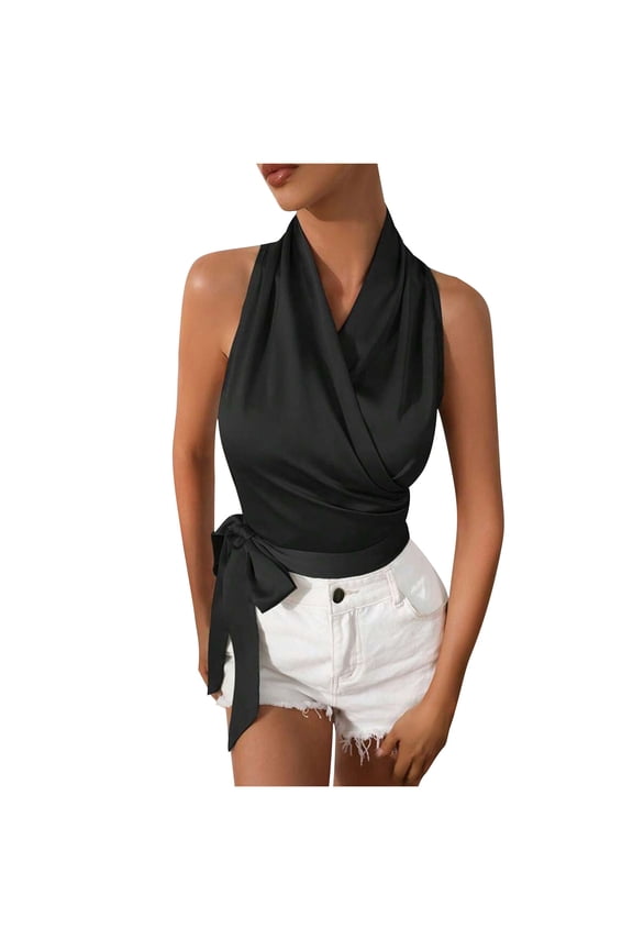 Women's Wrap Halter Neck Sleeveless Satin Top Elegant Tank Top for Evening Events Black XL