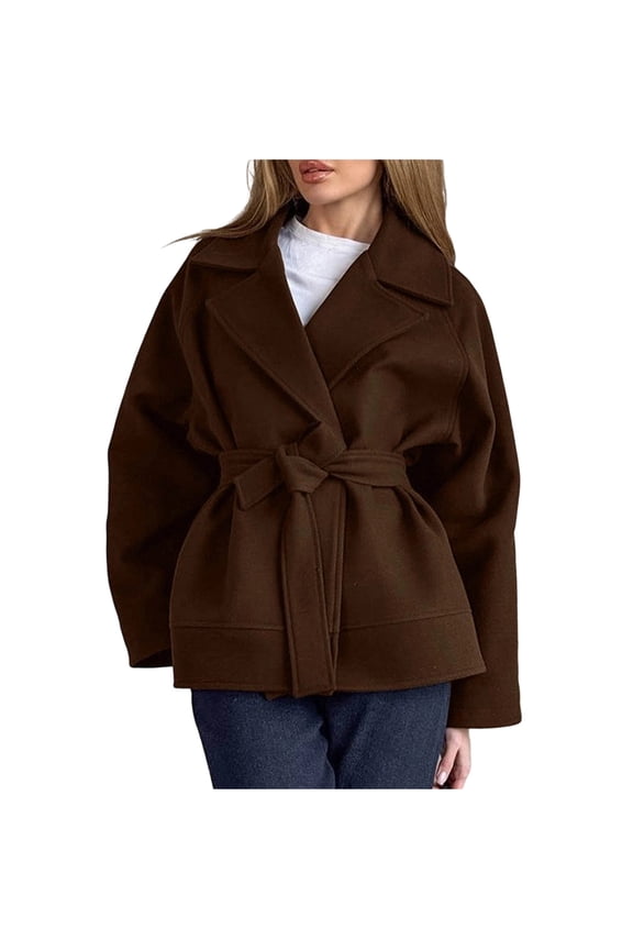Women’s cinched waist collared mid length coat with belt detail warm elegant for travel daily commutes cool climates Brown L