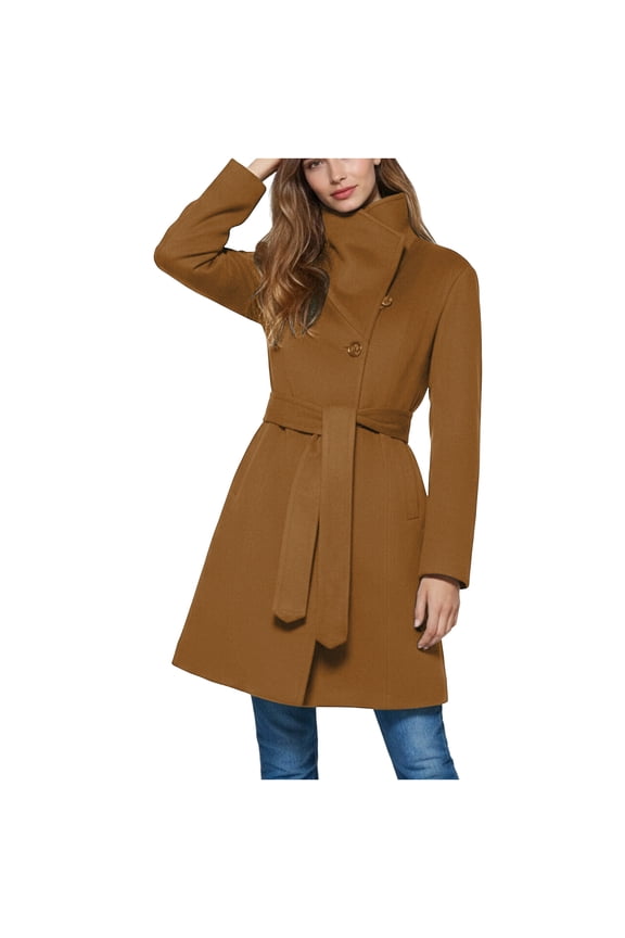 Women’s cinched waist long coat with stand collar elegant warm for formal events travel cold weather Coffee XXL