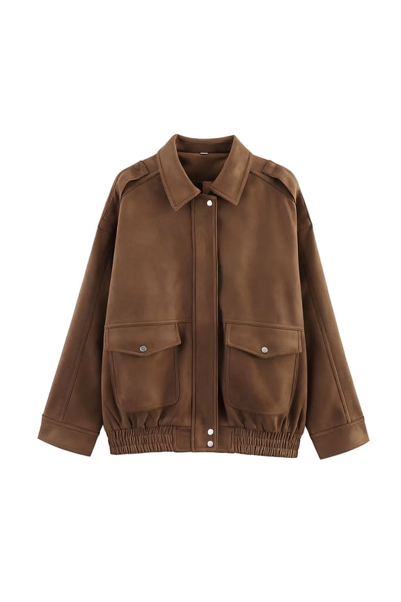 Women’s collared cropped jacket with chest pockets elastic hem durable practical for outdoor activities daily errands spring autumn Brown L