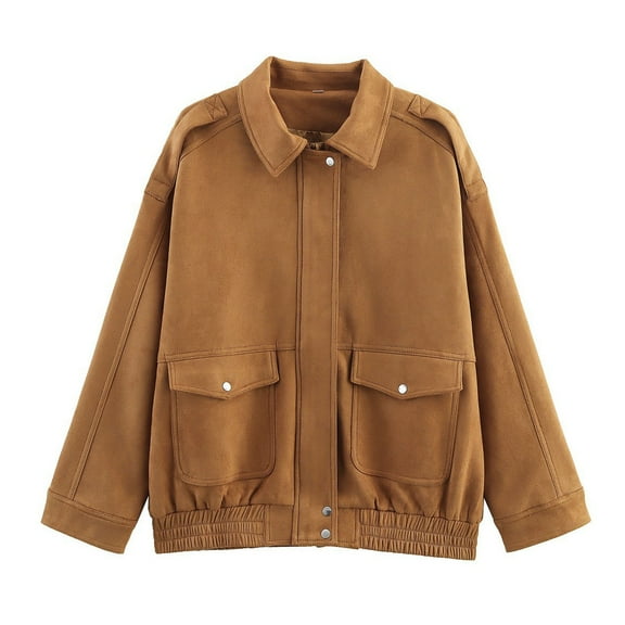 SAFUNY Women’s collared cropped jacket with chest pockets elastic hem practical for outdoor activities spring autumn Khaki S