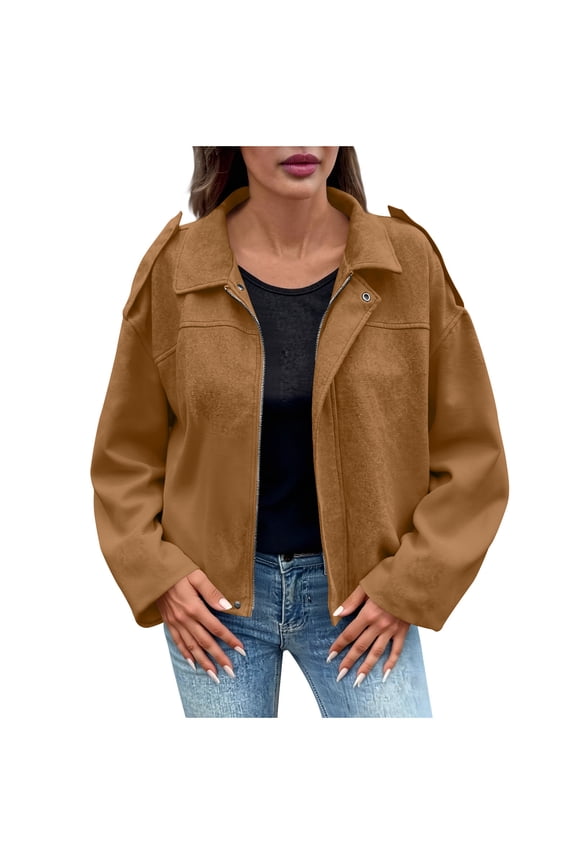 Women’s collared leather cropped jacket with soft texture durable stylish for streetwear casual dates all seasons Khaki M
