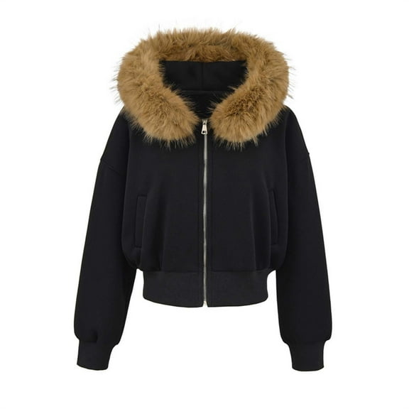 SAFUNY Women’s cropped faux fur hooded puffer jacket quilted design cozy stylish for casual outings streetwear cool seasons Black S