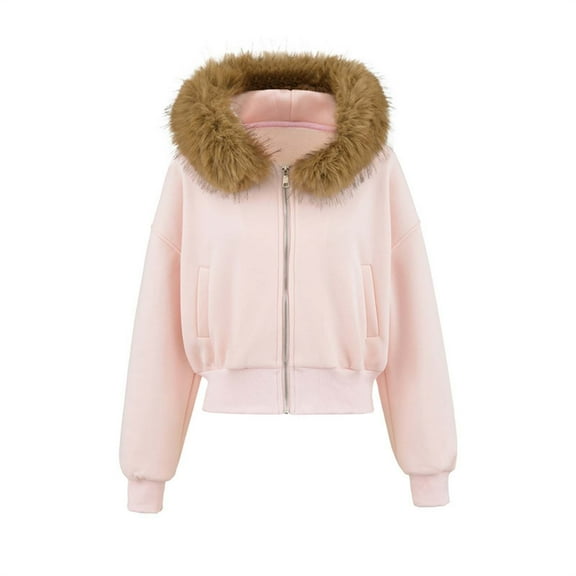 SAFUNY Women’s cropped faux fur hooded puffer jacket quilted design cozy stylish for casual outings streetwear cool seasons Pink S