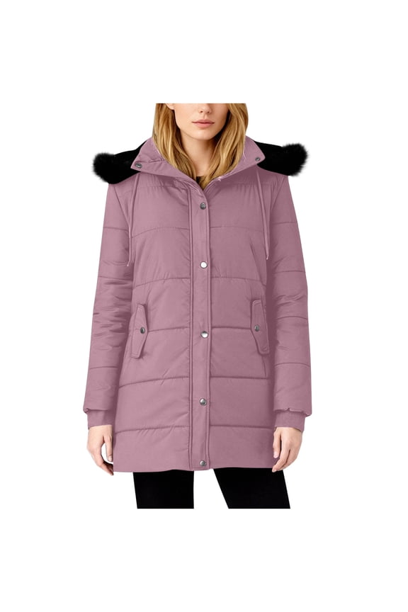 Women’s faux fur collar cinched waist long puffer coat elegant warm for formal events travel winter Pink XXL