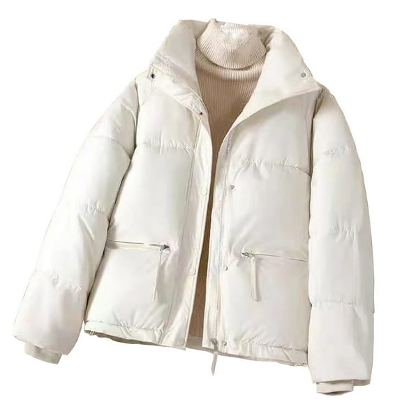 SAFUNY Women’s fuzzy lined cropped puffer jacket with stand collar cozy stylish for casual dates streetwear winter weather White M