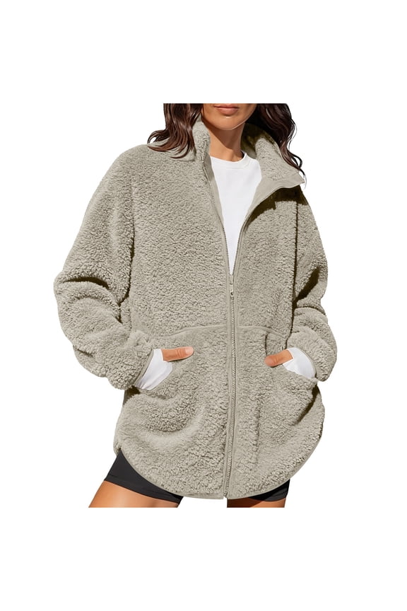 Women’s fuzzy lined oversized hooded jacket with pouch pocket comfortable warm for casual outings winter daily wear Beige S