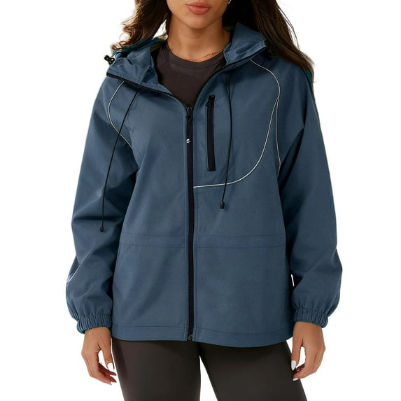 SAFUNY Women’s hooded drawstring outdoor jacket with multiple pockets durable water resistant for outdoor activities daily errands all weather Blue XXXL