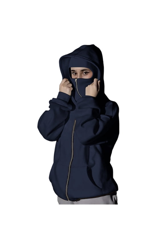 Women’s hooded face cover jacket with lightweight material practical for outdoor errands daily commutes all seasons Navy XXL