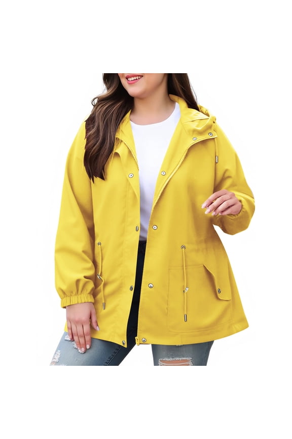 Women’s hooded mid length jacket with multiple pockets durable versatile for outdoor trips daily wear all seasons Yellow L