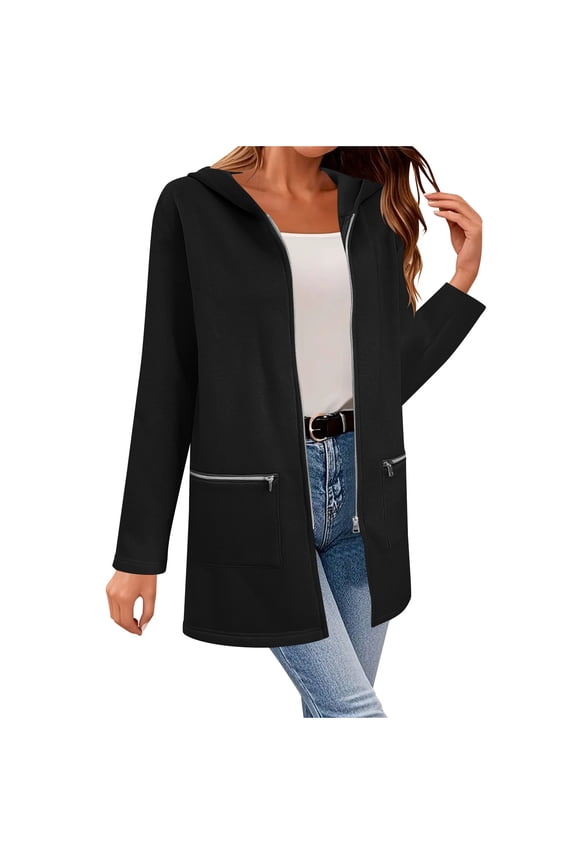 Women’s hooded open front mid length jacket with relaxed soft fabric versatile for daily commutes casual outings spring autumn Black XXL