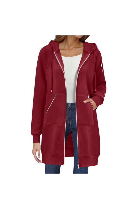 Women’s hooded open front mid length jacket with relaxed soft fabric versatile for daily commutes casual outings spring autumn Red M