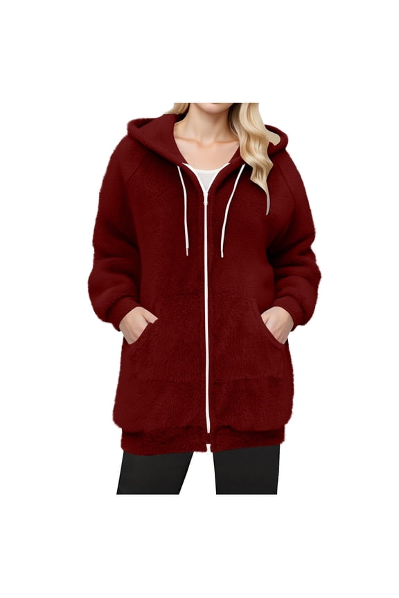 Women’s hooded zip up mid length hoodie jacket with pouch pocket soft versatile for loungewear weekend trips all seasons Wine L
