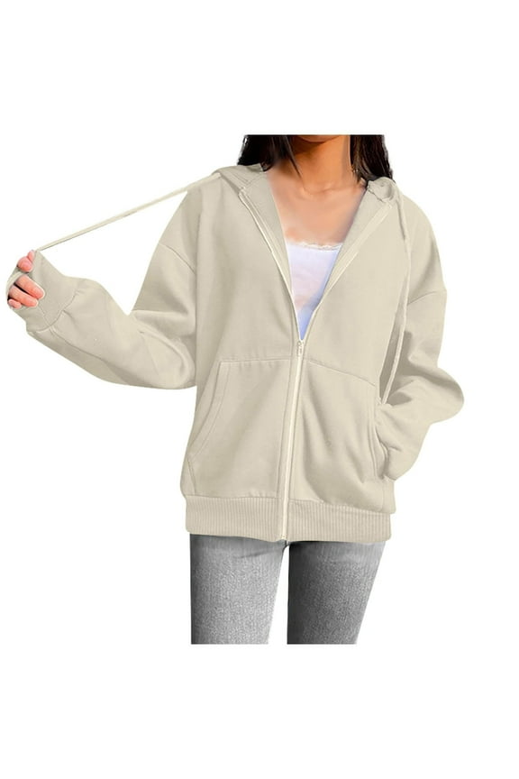 Women’s oversized zip up hoodie jacket with pouch pocket soft fabric cozy for loungewear weekend trips all seasons Beige M