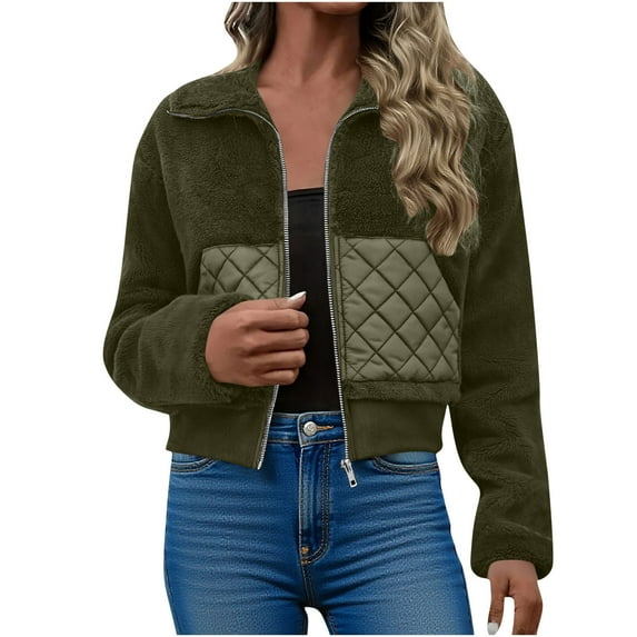 SAFUNY Women’s patchwork quilted cropped jacket with chic design stylish cozy for streetwear cool seasons Army Green L