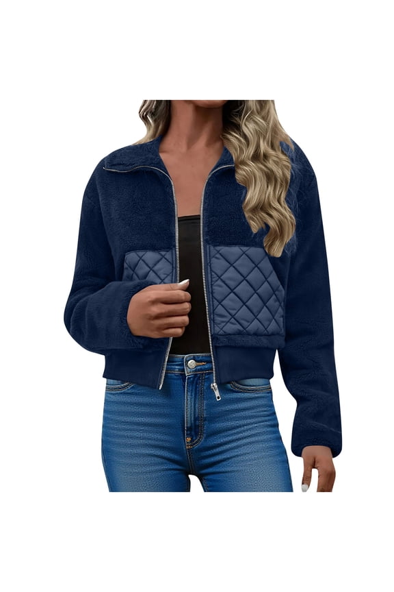 Women’s patchwork quilted cropped jacket with chic design stylish cozy for streetwear cool seasons Navy XXL