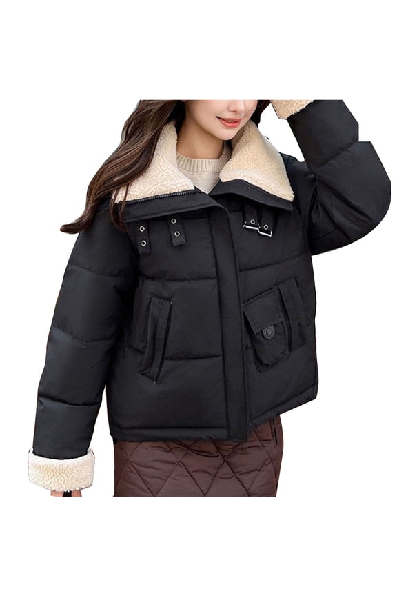 Women’s shearling lined cropped jacket with contrast texture warm stylish for casual outings cold seasons Black L