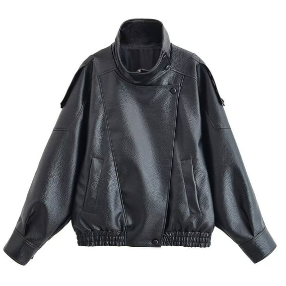 SAFUNY Women’s stand collar leather cropped jacket with sleek design durable stylish for streetwear night outings all seasons Black L