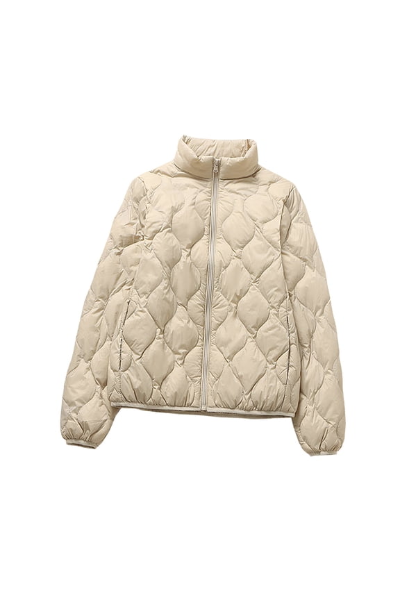 Women’s turtleneck diamond quilted cropped jacket with thick fabric warm cozy for daily outings cold seasons Beige XXL