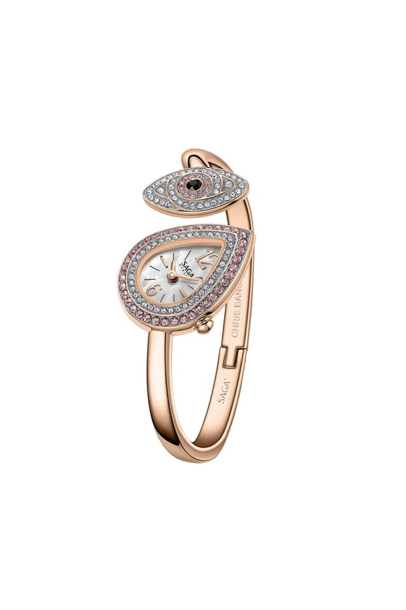 SAGA Angel's Eye Women's Luxury Cuff Bracelet Watch, Swiss Ronda Quartz Movement, Teardrop-Shaped Dial, 30M Water Resistant, 316L Stainless Steel Bracelet with 129 Danube Crystals