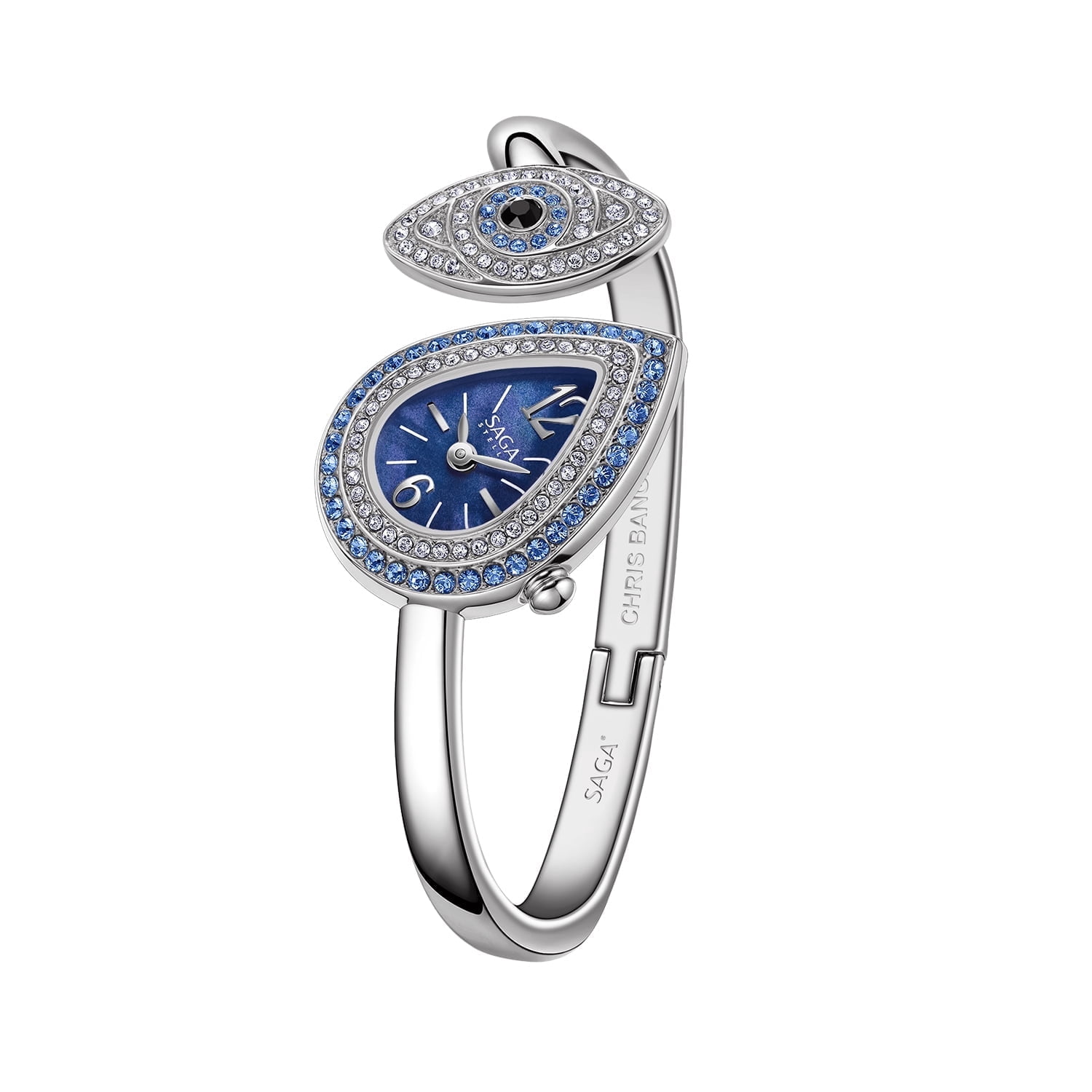 Watches for Women SAGA Angel's Eye Swiss Ronda Quartz Bracelet Watch, 129 Crystals, Teardrop Dial, Silver Blue, Casual Elegant, Gift for Women