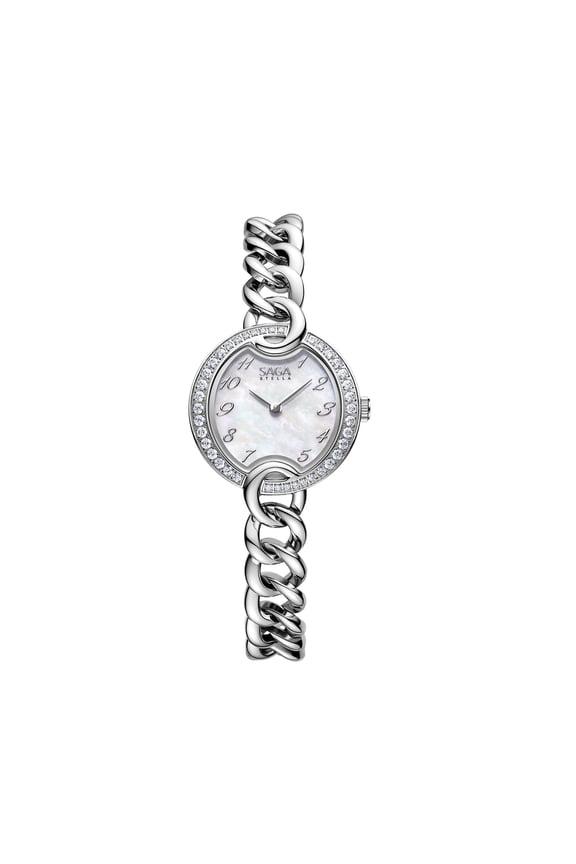 SAGA Chain Women's Luxury Watch - MOP Dial, 40 Danube Crystals, Swiss Ronda Quartz Movement, 30M Water Resistant, 316L Stainless Steel Strap