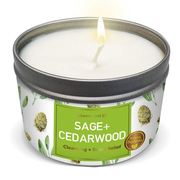 SAGE + Cedarwood Aromatherapy Candle for House Energy Cleansing and Stress Relief, Banishes Negative Energy I Purification and Chakra Healing - Natural Soy Wax Tin Candle for Aromatherapy