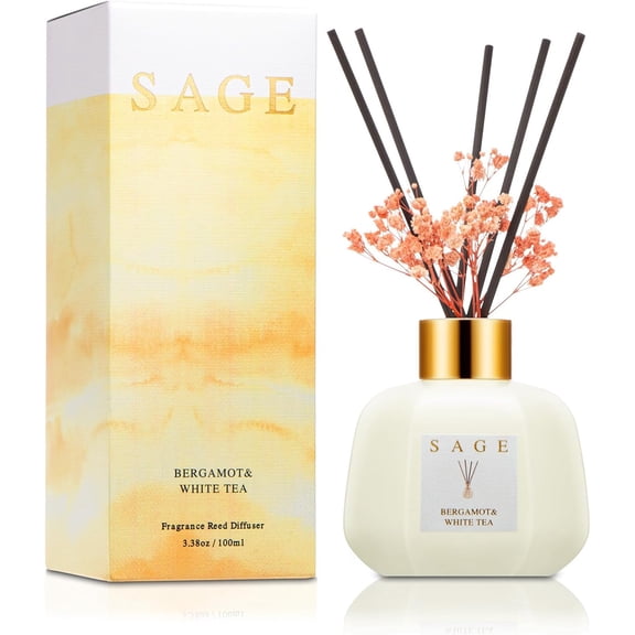 SAGE Hotel Reed Diffuser - Inspired by Westin Room Scent | 3.4oz Bergamot White Tea Scent Diffusers for Home | Preserved Real Flower & Oil Diffuser Sticks | Nightstand or Bathroom Decor for Shelves