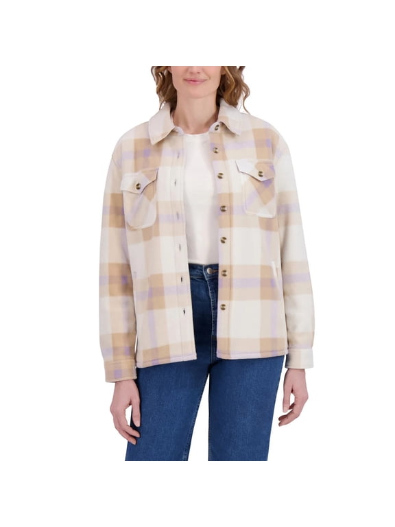 Womens Fleece Lining Plush Shirt Jacket (Tan, Medium)