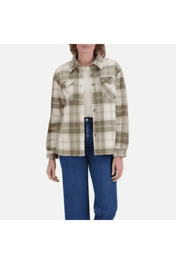 Women's Front Button Closure Plaid Plush Shirt Jacket Green XL