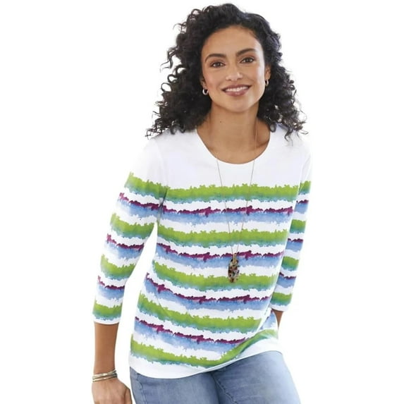 SAGEFINDS 3/4 Sleeves Striped Top for Women, Colorful Watercolor Brushstroke Graphic Print, Casual Blouse Tunic Tee - Medium
