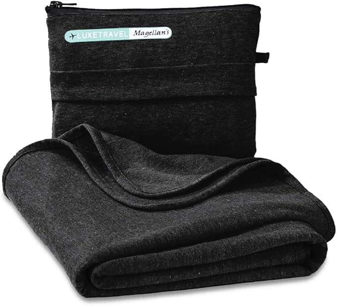 SAGEFINDS Airplane Travel Blanket - Compact Throw Blanket for Camping and Hiking - Converts into a Pillow - Soft Jersey Knit - Fits in Backpack - Attaches to Luggage - Travel Essential - Black