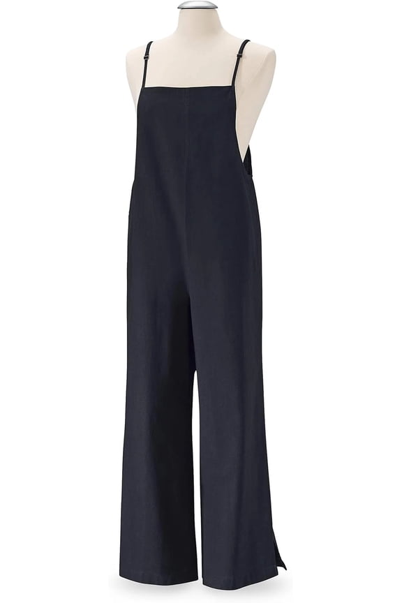 Bib Overalls for Women, Loose Jumpsuit with Long, Wide Pant Legs & Adjustable Straps, Casual Baggy Cotton Romper with Pockets - Black 1X