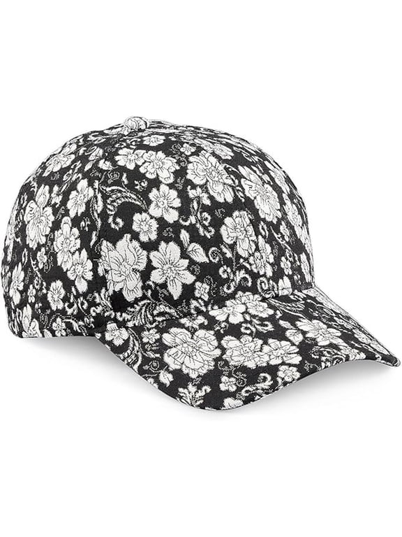 Black and White Floral Metallic Baseball Cap, Blossom Flower Print Hat, Trendy Sports Ball Cap for Women