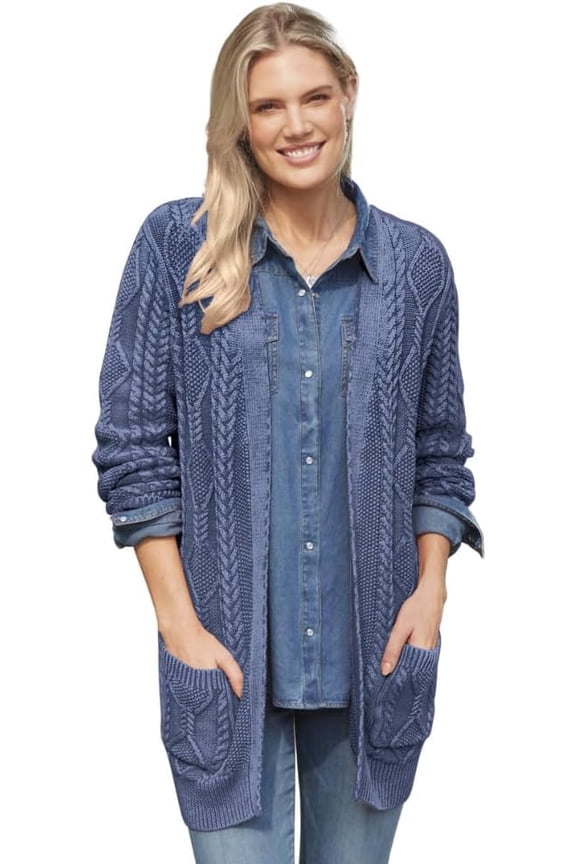 Cable Knit Cardigan Sweater for Women, Vintage Washed Lightweight Coat with Open Front and Long Sleeves, Fall Fashion - Medium Blue Wash -2X