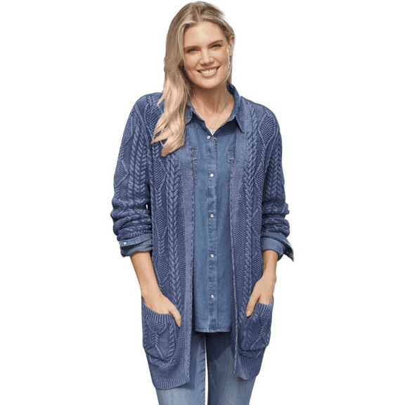SAGEFINDS Cable Knit Cardigan Sweater for Women, Vintage Washed Lightweight Coat with Open Front and Long Sleeves, Fall Fashion - Medium Blue Wash -X-Large