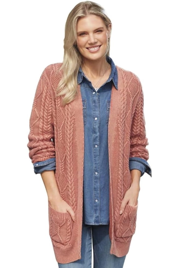 Cable Knit Cardigan Sweater for Women, Vintage Washed Lightweight Coat with Open Front and Long Sleeves, Fall Fashion - Apricot -3X