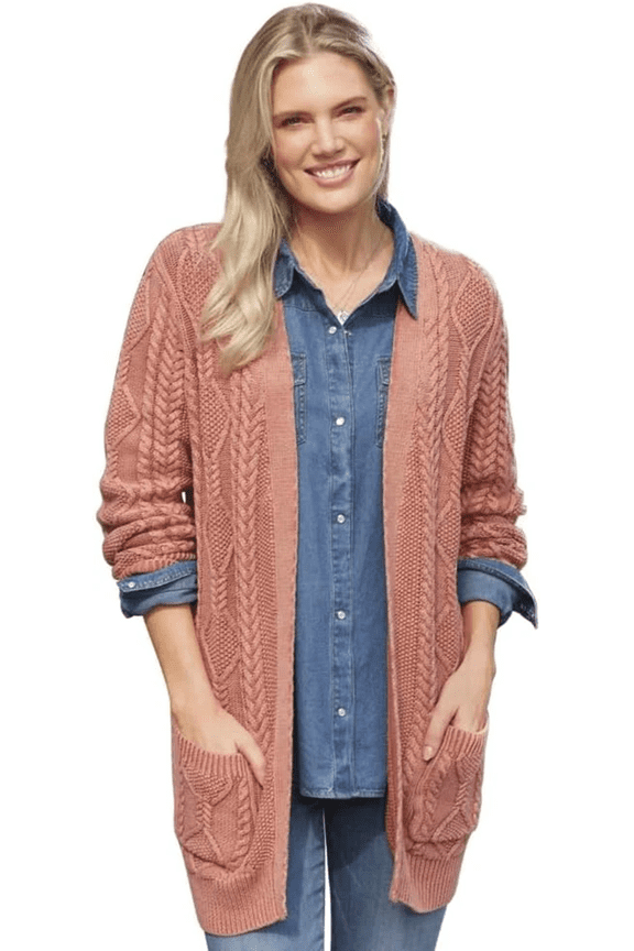 Cable Knit Cardigan Sweater for Women, Vintage Washed Lightweight Coat with Open Front and Long Sleeves, Fall Fashion - Apricot -Large
