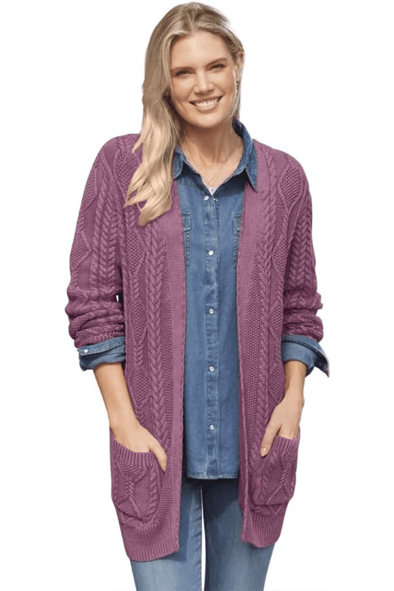 Cable Knit Cardigan Sweater for Women, Vintage Washed Lightweight Coat with Open Front and Long Sleeves, Fall Fashion - Rose -Medium