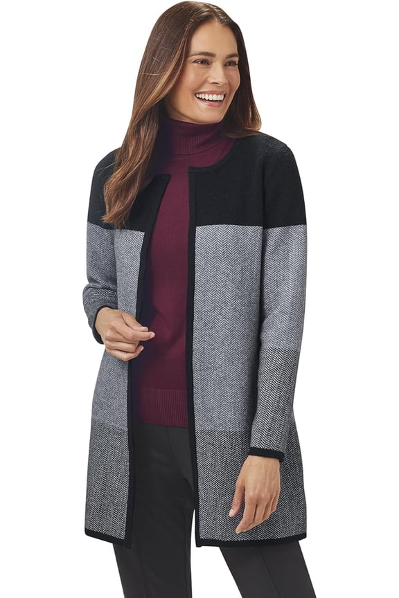 Color Block Long Cardigan Sweater for Women, Open Front with Long Sleeves, Herringbone Striped Fall Coat - 3X