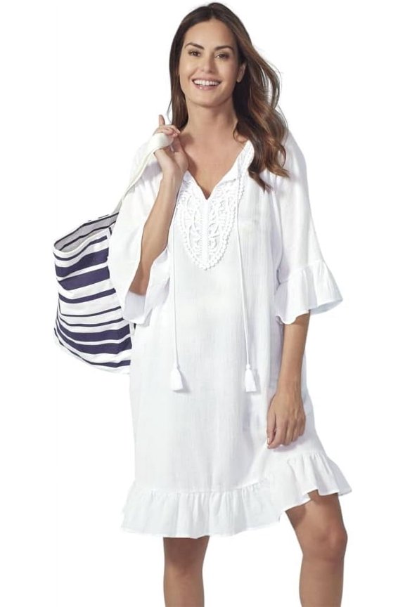 Crochet Trim Beach Coverup for Women, Bikini Swimsuit Cover with 3/4 Sleeves and Tasseled Split Neckline, Beachwear for Vacation - White X-Large