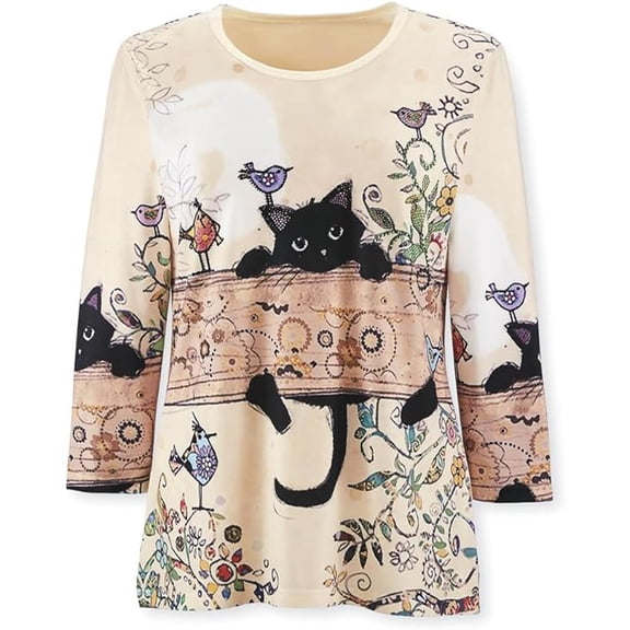 SAGEFINDS Cute Kitty Shirt for Women with Shiny Rhinestones, Fun Cat Graphic Casual Top with 3/4 Sleeves - X-Large