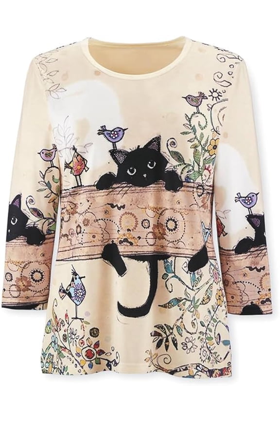 Cute Kitty Shirt for Women with Shiny Rhinestones, Fun Cat Graphic Casual Top with 3/4 Sleeves - X-Large