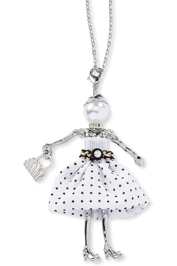 Dottie Lady Necklace, Whimsical Charm Pendant for Women, Pearls and Polka Dot Dress, Fashion Jewelry Gift for Her, Chain Adjusts 28-31