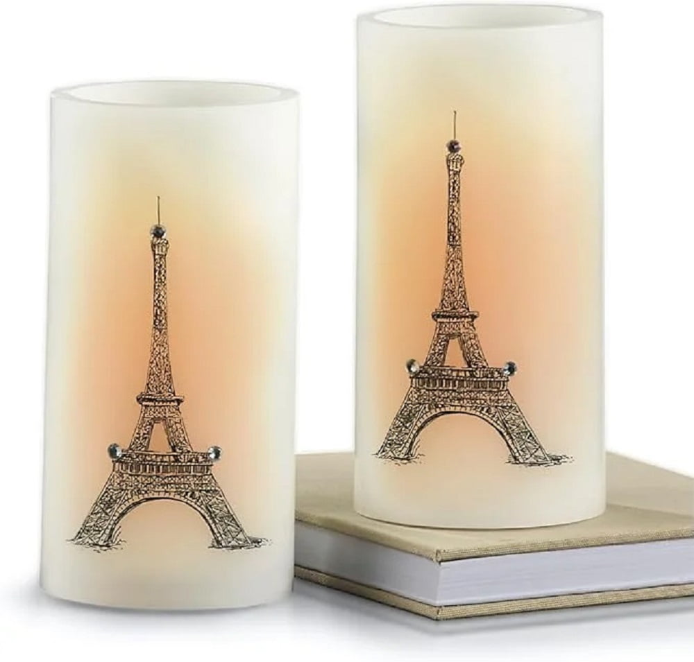 SAGEFINDS Eiffel Tower LED Candles, Set of 2, Flameless Real Wax Pillar Candles, Battery Operated, 6” x 3”