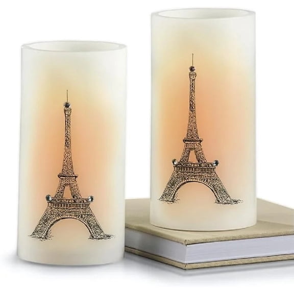SAGEFINDS Eiffel Tower LED Candles, Set of 2, Flameless Real Wax Pillar Candles, Battery Operated, 6 x 3