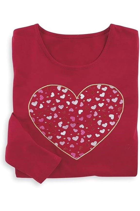 Embroidered Candy Hearts Shirt for Women, Casual Red Top with Long Sleeves, Valentine’s Day T-Shirt - 1X