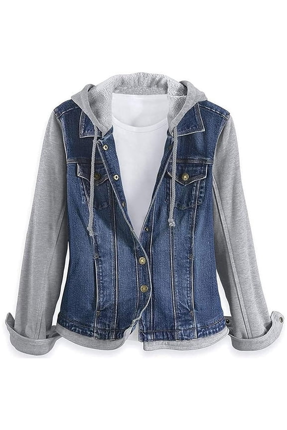 Fleece and Denim Jacket for Women - Woman fleece hood jacket - Cotton Hood with Drawstring & Front 2 Pockets Design - Large