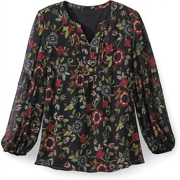 SAGEFINDS Floral Chiffon Top for Women, Flower Printed Blouse with Long Lantern Sleeves, Casual Tunic Shirt for Work - Medium